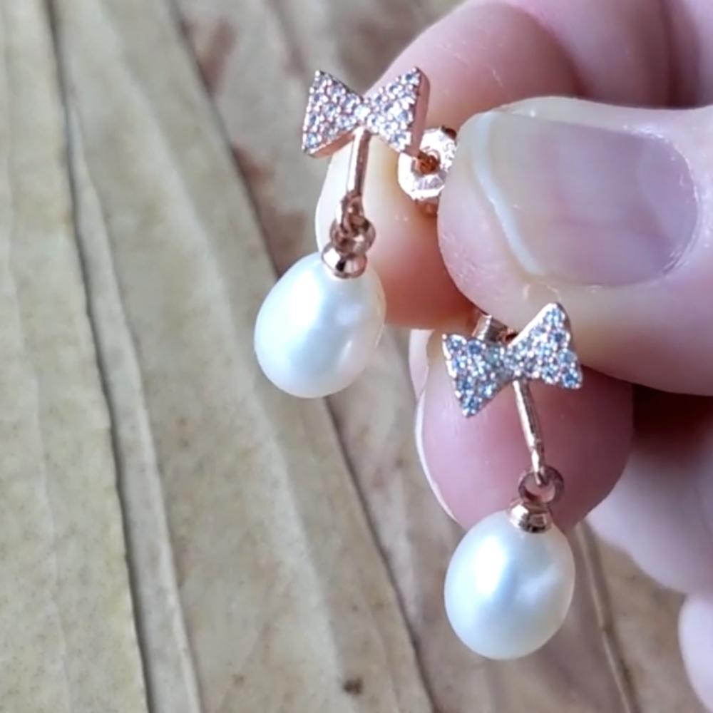 925 sterling silver dangle earrings with natural pearls, 14K rose gold plated - Picture 2 of 9